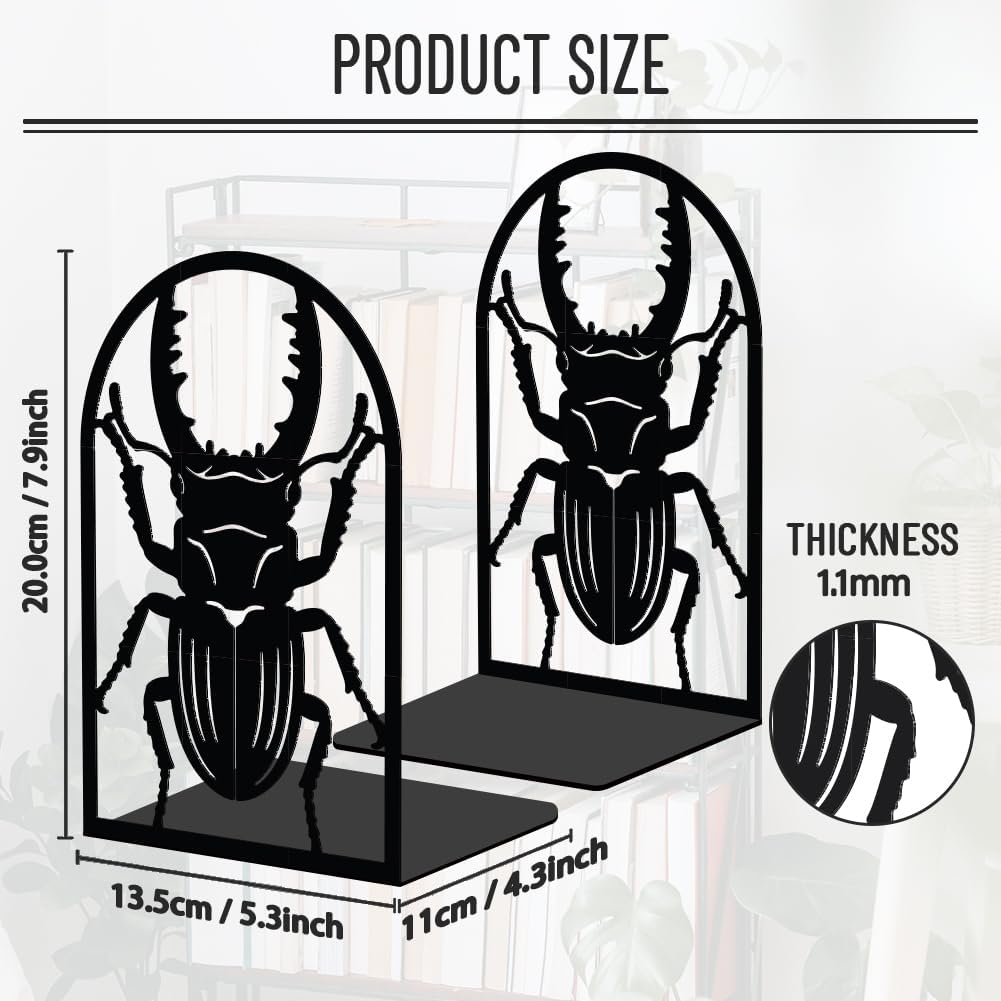 WADORN 1 Pair Scarab Metal Decorative Bookend for Shelves, Heavy Duty Book Ends Modern Non-Skid Books Holder Stand Black Book Support Stoppers for Office Desk Bookshelf, 5.3x4.3x7.8 Inch
