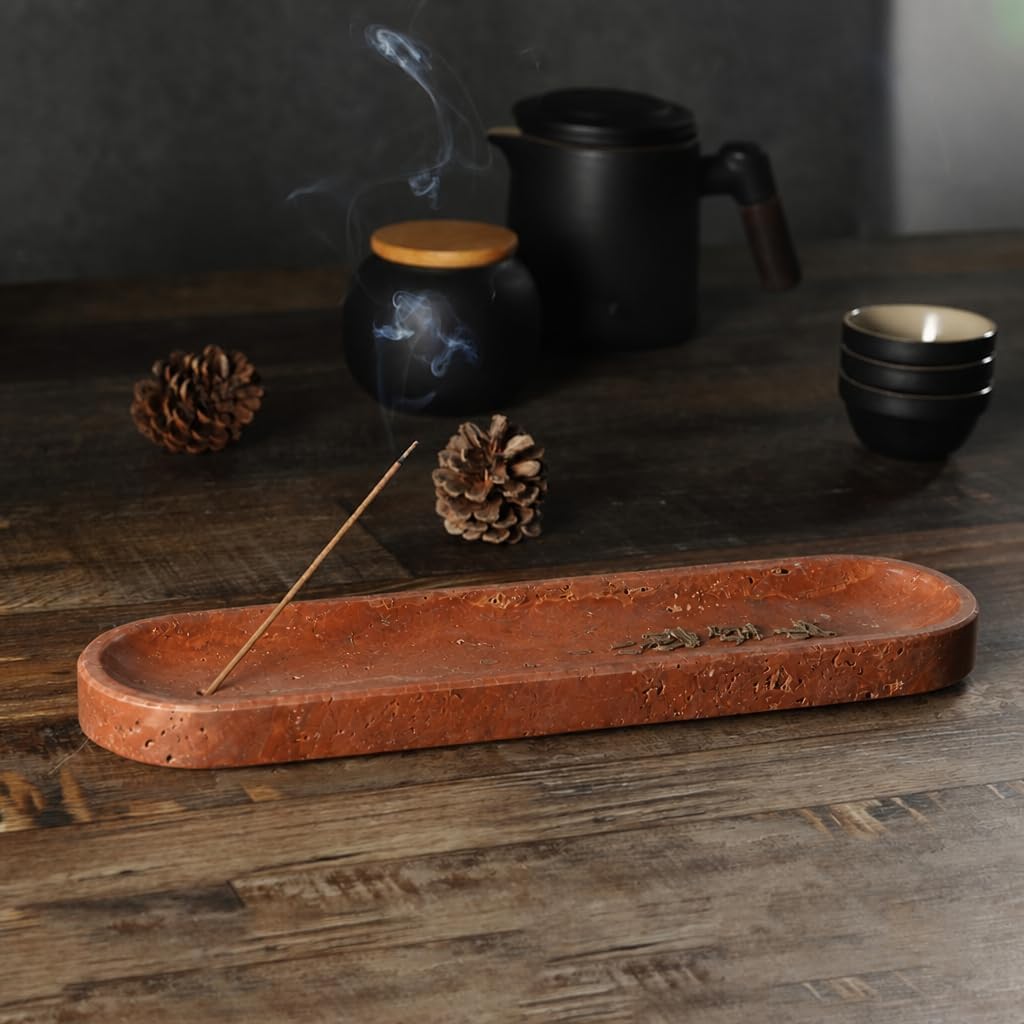 Koville Travertine Incense Holder, Incense Holder for Sticks, Long Incense Sticks Holder Ash Catcher for Meditation Yoga SPA, Natural Stone Incense Burner, Home Table Decor(Red)
