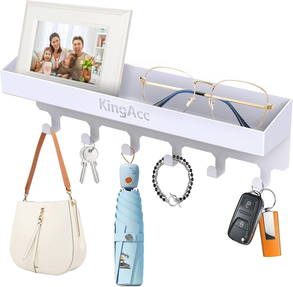 KingAcc Key Holder for Wall Decorative, Wall Mounted Key and Mail Organizer, Adhesive Key Rack with Tray for Entryway Hallway Kitchen Farmhouse, Metal Key Hanger with 6 Key Hooks(White)