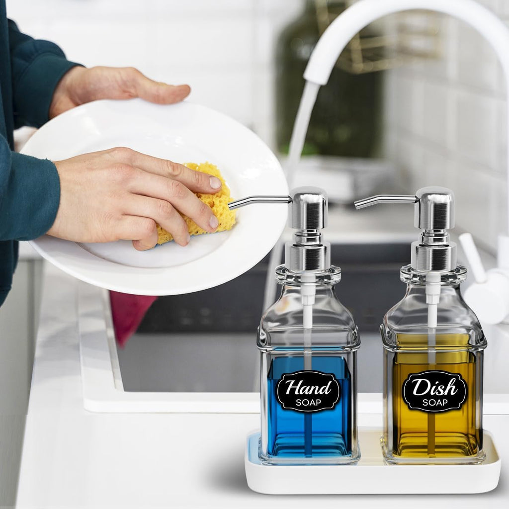 LMQML Soap Dispenser - 2 Pack, Antique Design Thick Glass Hand Soap Dispensers with Sturdy Tray; 304 Rust Proof Stainless Steel Silver Pump, 12Pcs Stickers, for Kitchen, Bathroom