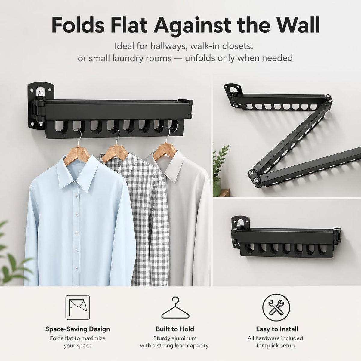Retractable Wall Mounted Clothes Drying Rack, Rustproof Steel Drying Rack with 24 Hanging Holes, Space‑Saving Design for Apartments, Laundry Rooms, Balconies & RVs (Black)