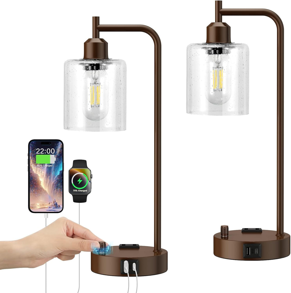 Innqoo Industrial Table Lamps for Bedrooms Set of 2 - Fully Dimmable Bedside Lamps with USB Ports and Outlet, Brown Nightstand Lamps with Glass Shade for Living Room, Desk Lamps for Office Reading