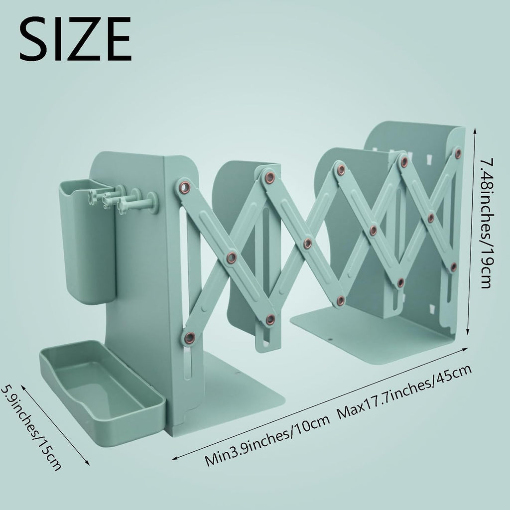 Adjustable Metal Bookends Heavy Duty for Shelves, 2 Dividers, Side Organzier, Anti-Slip Design Expandable Book Ends for Desk, Office(Green, 18 inches Max)