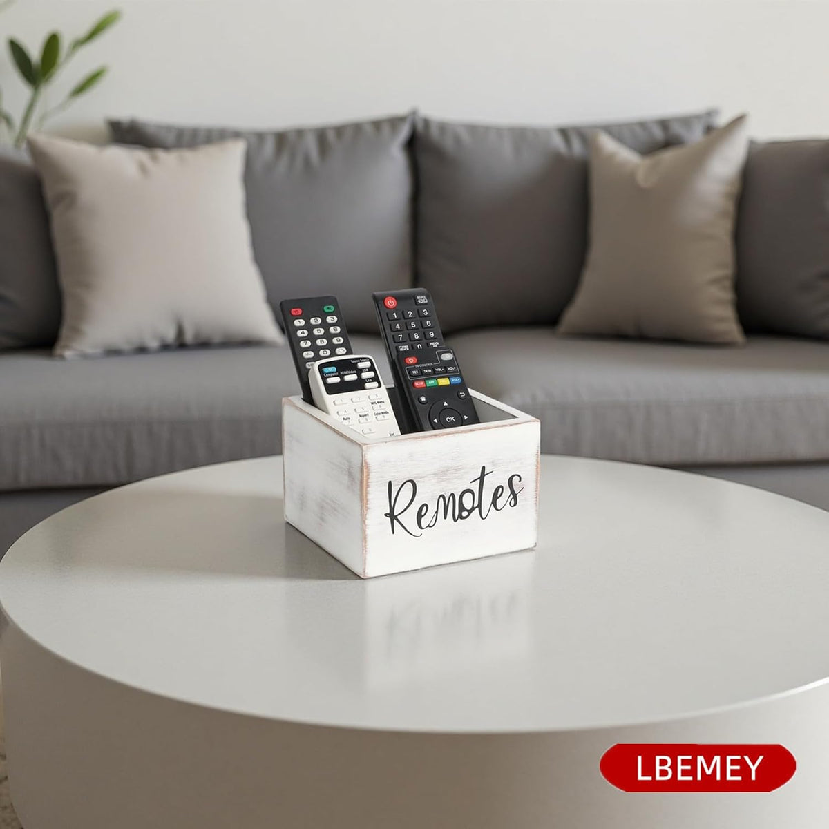 LBEMEY Wood Remote Control Holder, TV Remote Control Organizer for Home Bedroom Table, Multi-Purpose Desktop Storage (Retro White, M,for 3+ Remote Controls)
