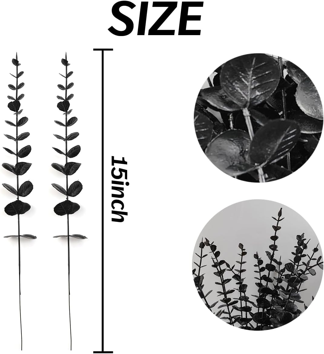 TIHOOD 14PCS 15” Black Eucalyptus Stems Artificial Eucalyptus Leaves Branches Fake Eucalyptuses Decor Faux Eucalyptus leaf Stem for Halloween Autumn Fall Floral Arrangement Wedding Bouquet Home Office