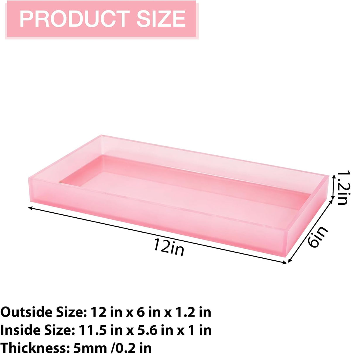 Pink Acrylic Tray 5mm Thicken for Vanity Makeup, Perfume, Jewelry Holder, Napkin, 12''x6'' Decorative Serving Tray for Bathroom, Toilet Tank, Sink Countertop, Dresser, Coffee Table