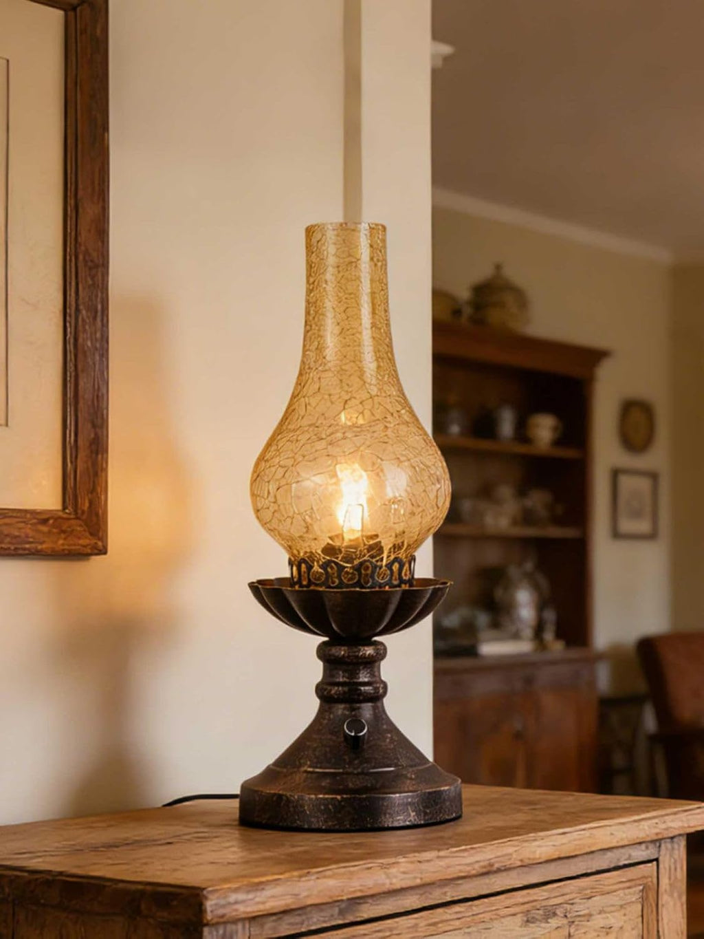 Vintage Table Lamp with Crackled Glass Shade & Rotary Knob Switch, Small Antique Desk Lamp,Lantern Rustic Farmhouse Western Victorian Bedside Decor for Bedroom,Living Room,Office
