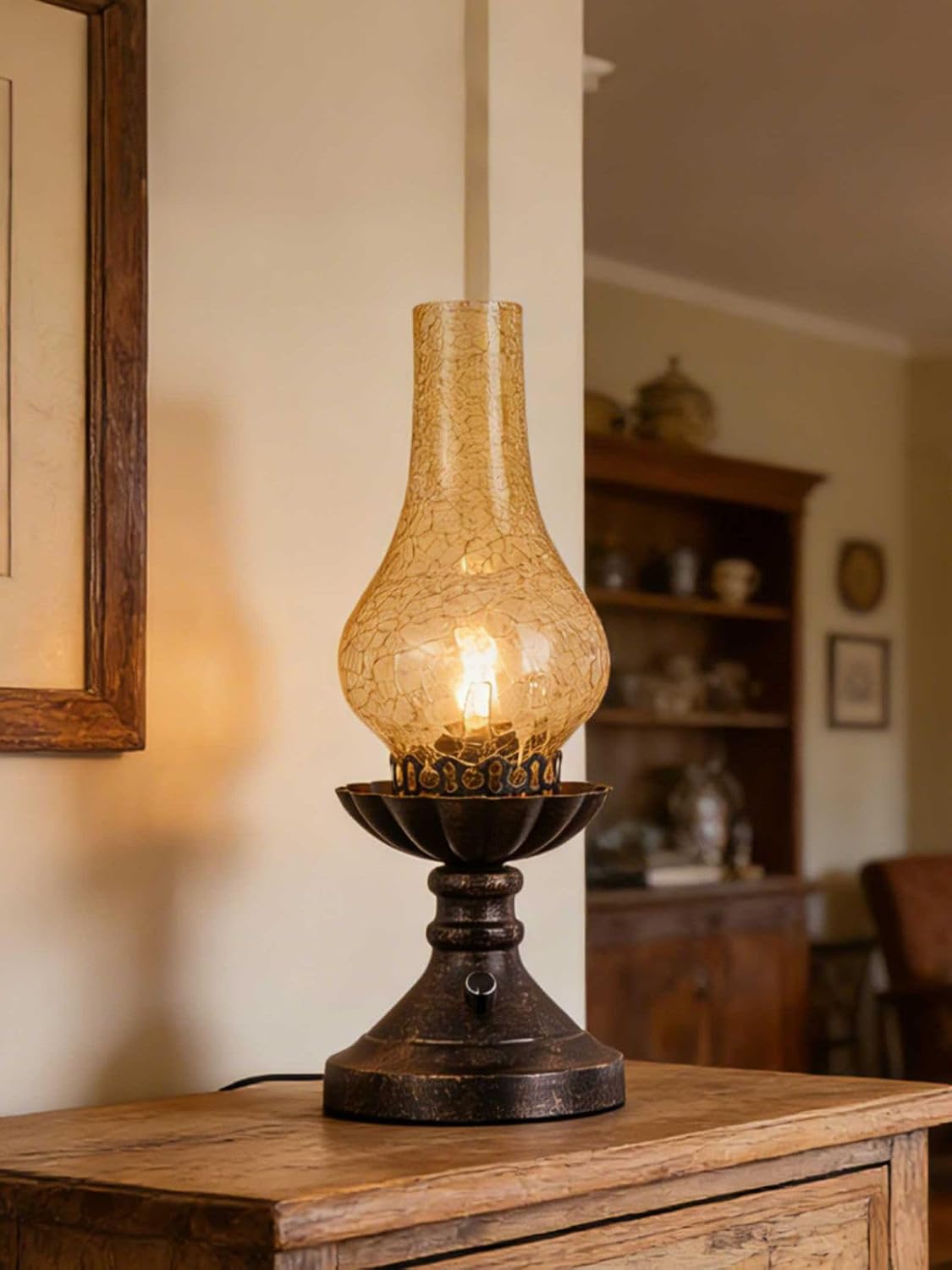 Vintage Table Lamp with Crackled Glass Shade & Rotary Knob Switch, Small Antique Desk Lamp,Lantern Rustic Farmhouse Western Victorian Bedside Decor for Bedroom,Living Room,Office