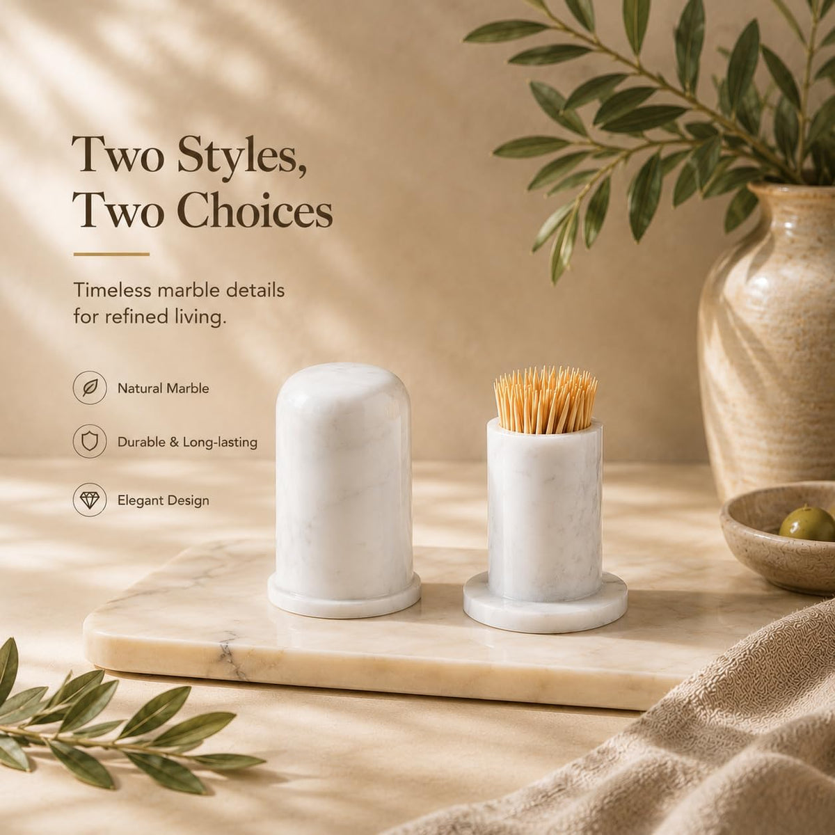 Marble Toothpick Holder with Lid, Countertop Organizer