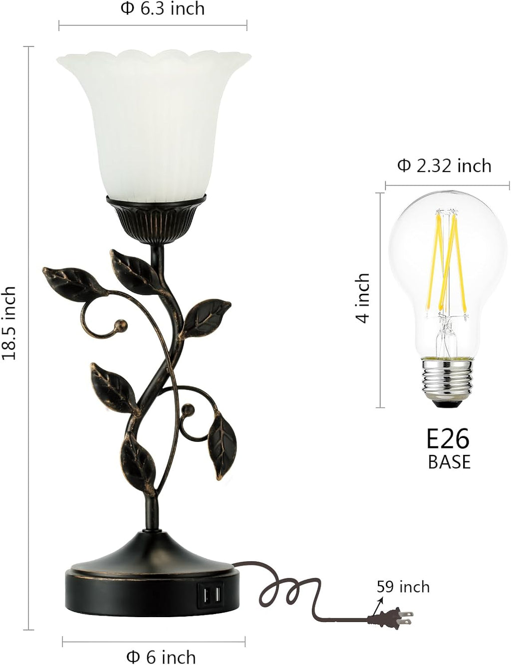 Set of 2 Touch Bedside Vintage Lamps with 2 USB C+A