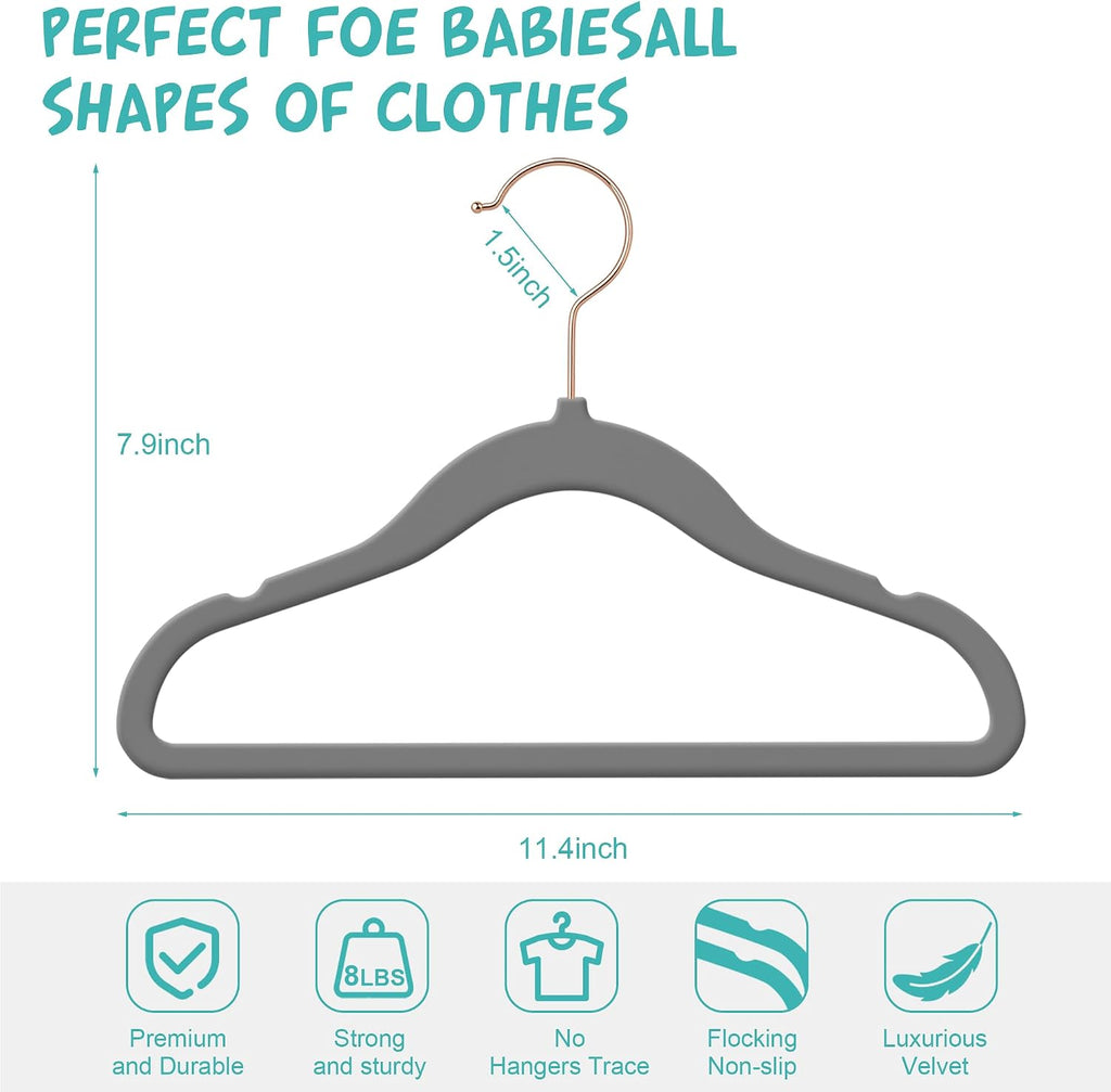 50 Pack Velvet Baby Clothes Hangers, Grey, Non-Slip, Space-Saving