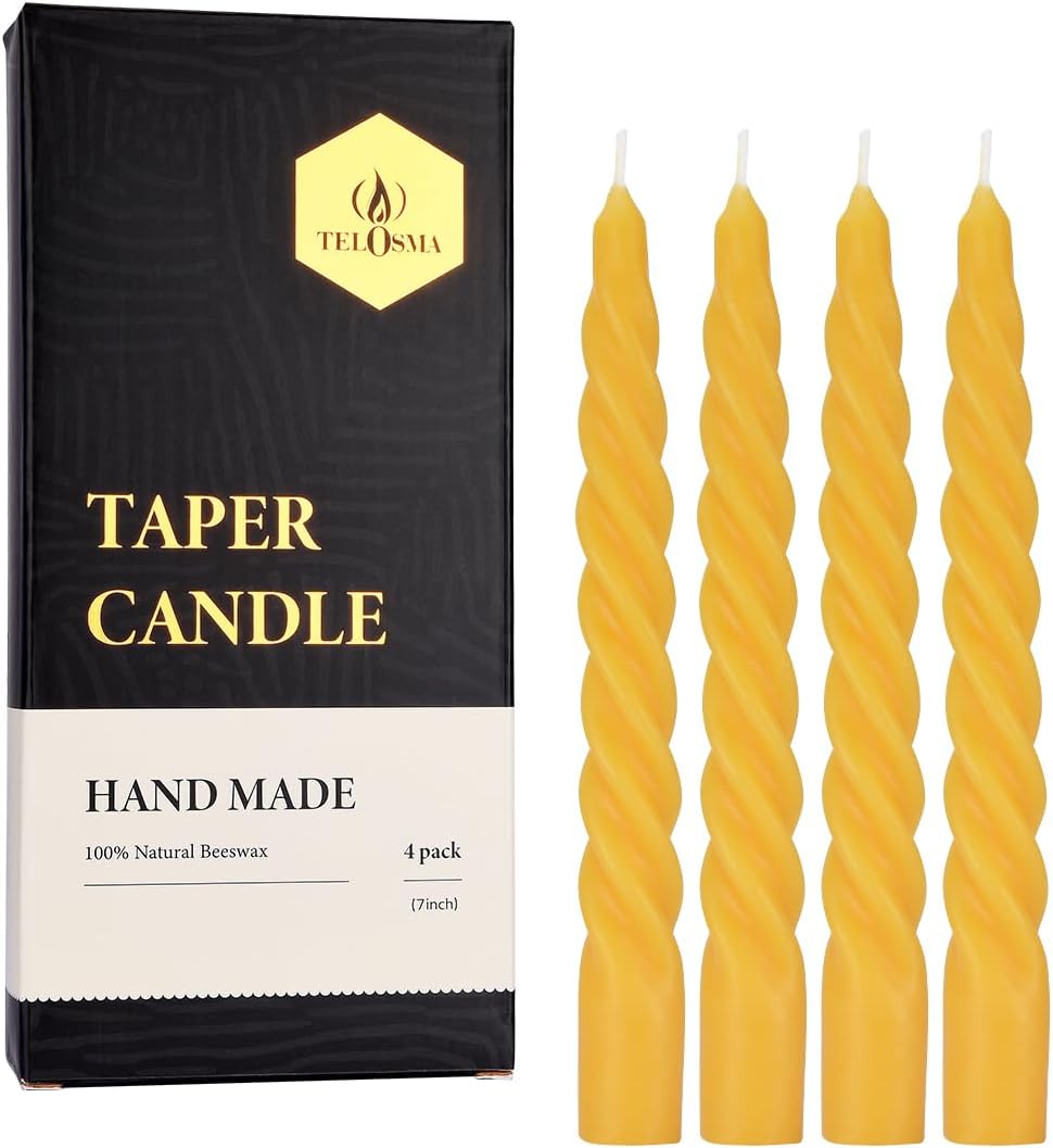 TELOSMA Spiral Beeswax Taper Candles, Set of 4, 7 Inch Tall - Yellow