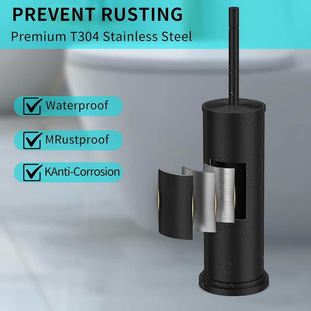 Toilet Brush and Holder Set,304 Stainless Steel Toilet Brush for Bathroom with Long Handle, Heavy Duty Toilet Bowl Brush,Removable Inner Bowl and Splash Protection,Deep Cleaning (Black)