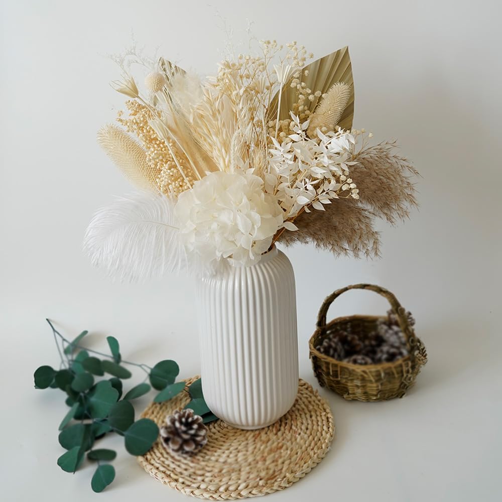 Natural Dried Pampas Grass Bouquet - 17" White & Ivory Dried Flowers with Palm Leaves & Hydrangea, Boho Home Decor for Wedding, Bridal Shower, Baby Shower & Farmhouse DIY Arrangements, No Vase