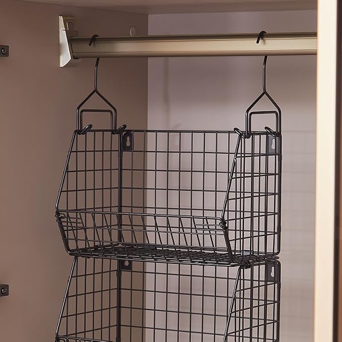 3 Tier Hanging Foldable Wire Baskets Closet Organizer Shelf with Clothes Storage Wall Mount or Countertop Caddy Bin for Clothing Handbags Snacks Drinks Fruits