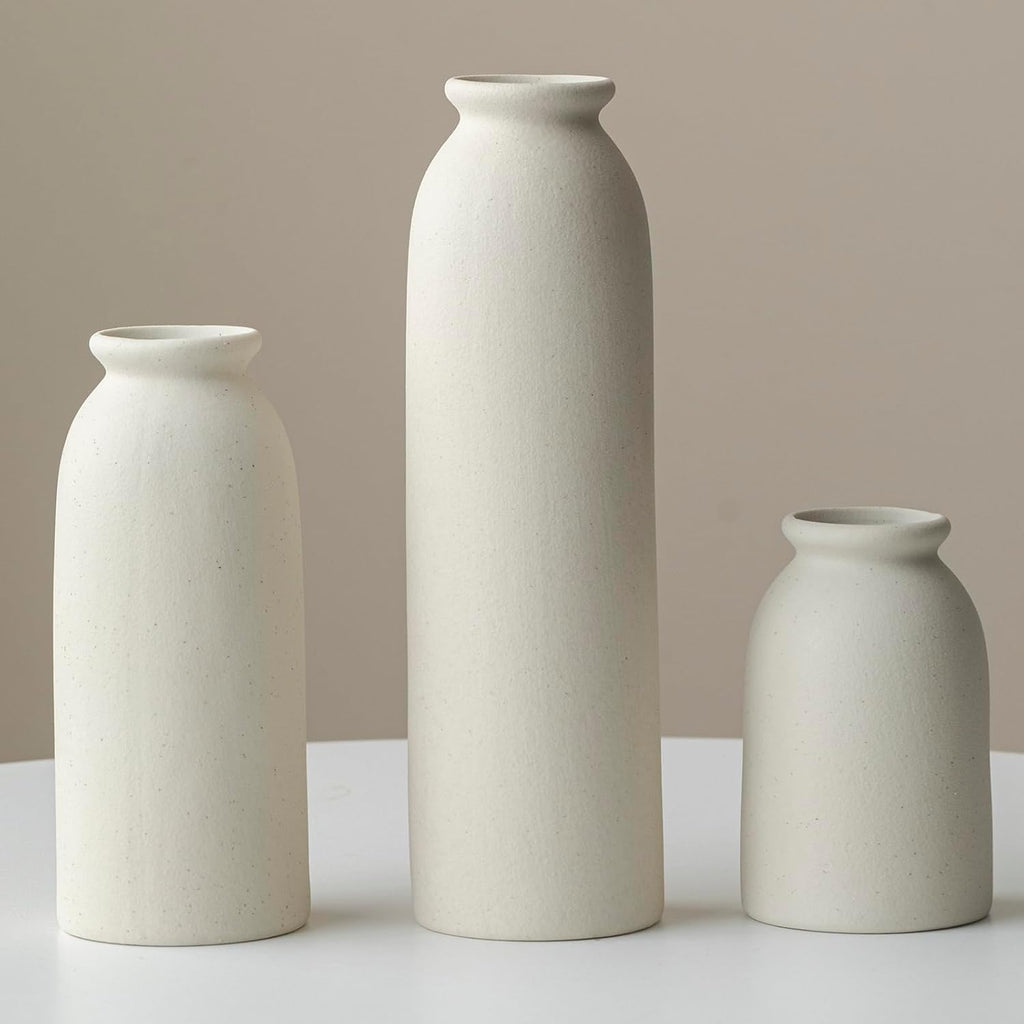 Ceramic Vase Set-3, 10.3 Inch Tall Flower Vases for Decor, Modern Boho Farmhouse Style, Decorative Vases for Pampas Grass & Dried Flowers, Distressed Finish (L Beige)