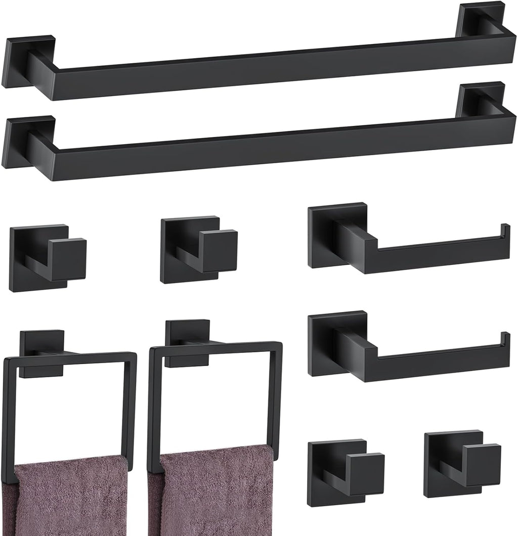 10-Piece Matte Black Bathroom Hardware Accessories Set Black Towel Bar Set Towel Holder Set Stainless Steel Wall-Mounted Towel Rack Set for Bathroom,23.6 Inch Towel Rails
