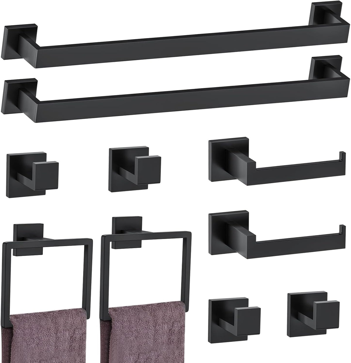 10-Piece Matte Black Bathroom Hardware Accessories Set Black Towel Bar Set Towel Holder Set Stainless Steel Wall-Mounted Towel Rack Set for Bathroom,23.6 Inch Towel Rails
