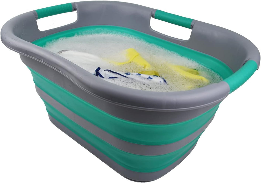 SAMMART 30L (7.9 gallon) Collapsible Plastic Laundry Basket - Foldable Pop Up Storage Container/Organizer - Portable Washing Tub - Space Saving Hamper/Basket (1, Dark Grey/Bluish-Green)