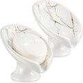 2 Pack Ceramic Soap Bar Holder Leaf Shaped Soap Dish, White
