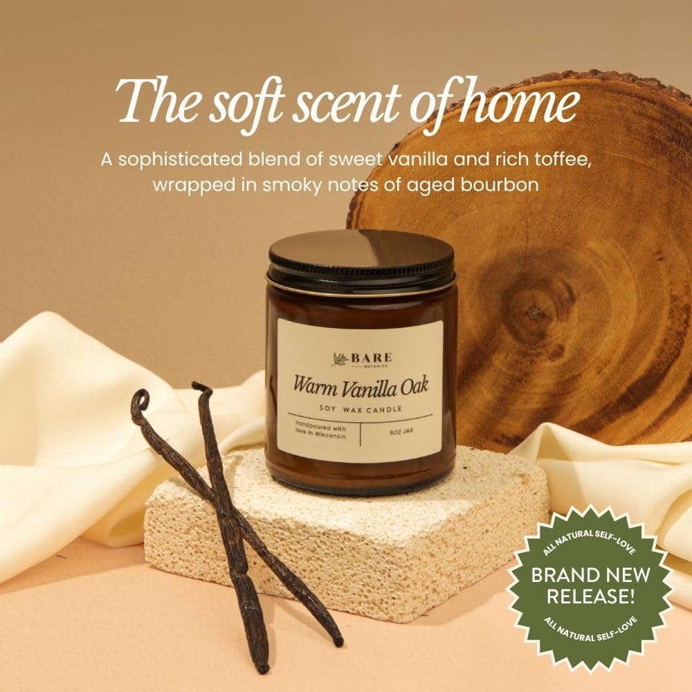 Bare Botanics 9oz Non Toxic Soy Candle Warm Vanilla Oak - 40+ Hour Burn