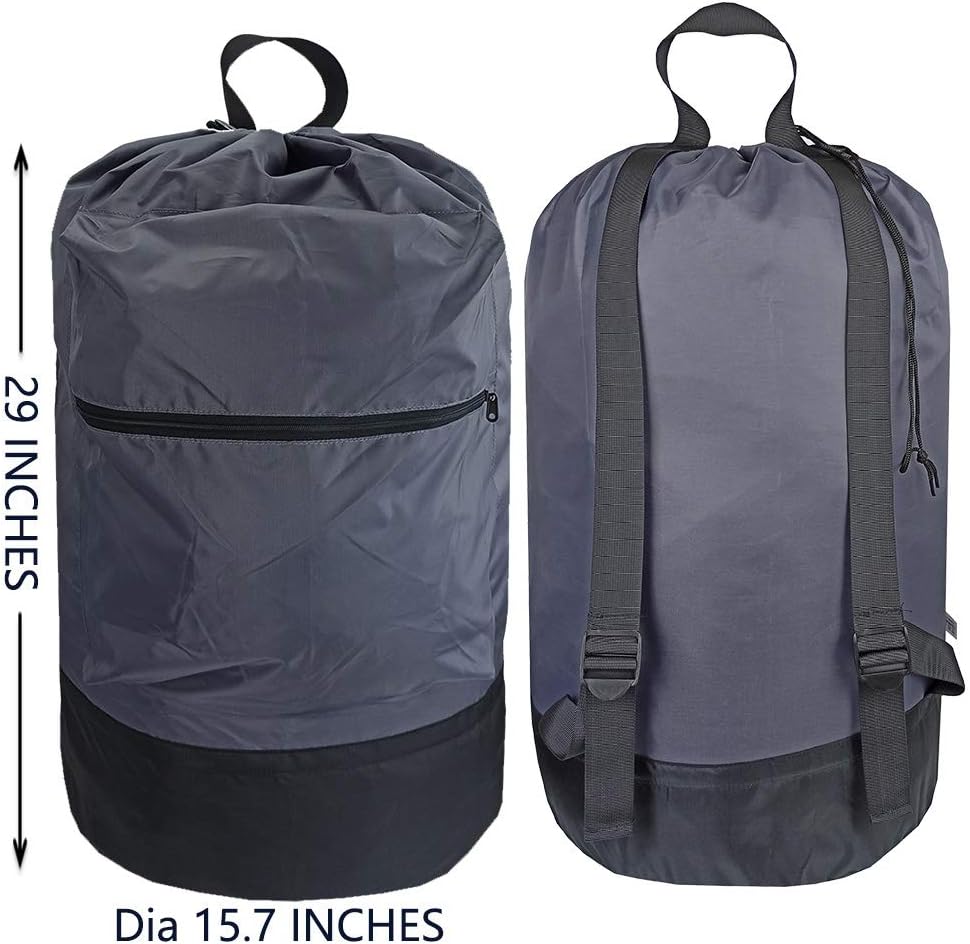 Washable Laundry Bag Backpack with Zipper Pocket, Heavy Duty Clothes Bag, 2 Strong Adjustable Shoulder Straps with Drawstring Closure for Travel, Camping or College, Grey