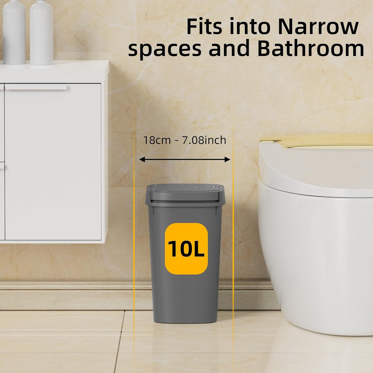 KSSKSS 3 Pack Bathroom Small Trash Can with Lid, 2.6 Gallon Slim Garbage Bin with Pop-Up Lid, 10L Plastic Wastebasket for Bedroom, Office, Kitchen, Toilet (Gray)