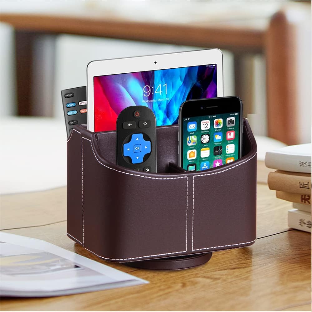360° Rotating Remote Control Holder, PU Leather TV Remote Caddy, Pen Holder