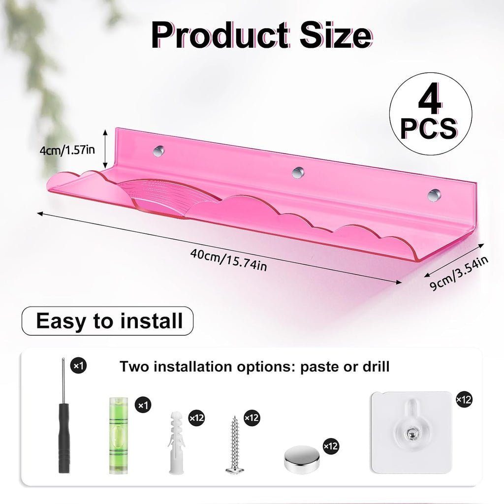 Rainbow Acrylic Floating Shelves, Wall Mounted, 15in, 4 Pack, Pink