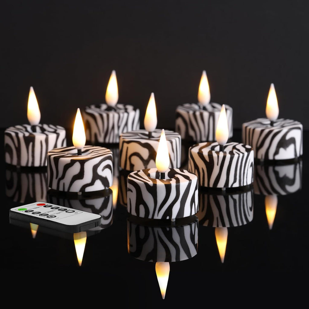 Eywamage Zebras Animal Pattern Flameless Tealights with Remote Batteries, Flickering LED Tea Votive Candles Set of 12