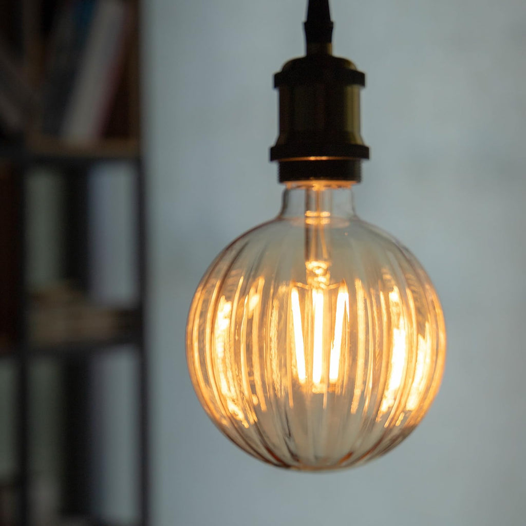 Hand Blown LED Edison Bulb, G40 Watermelon Ribbed Amber Glass, 4W 2500K Vintage Light, E26 Non-Dimmable Decorative Lamp for Farmhouse, Cafe, Bar Pendant Lighting