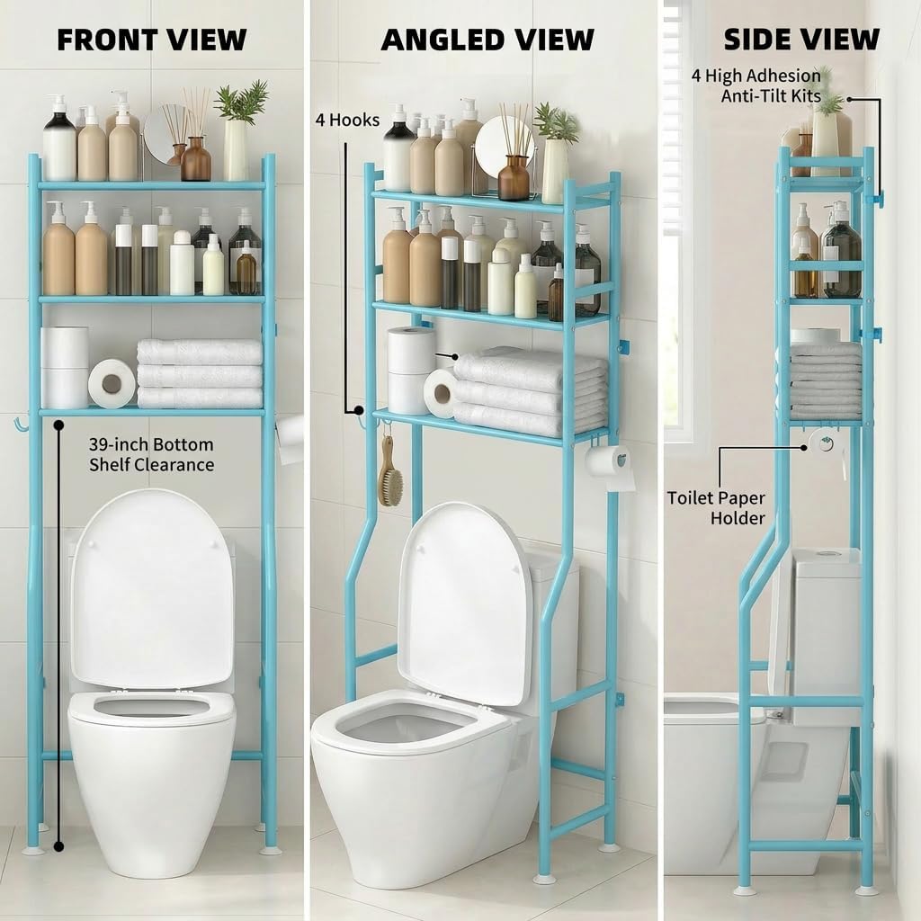 GloTika 3-Tier Over Toilet Storage Cabinet, No Drilling, 64" H, Blue