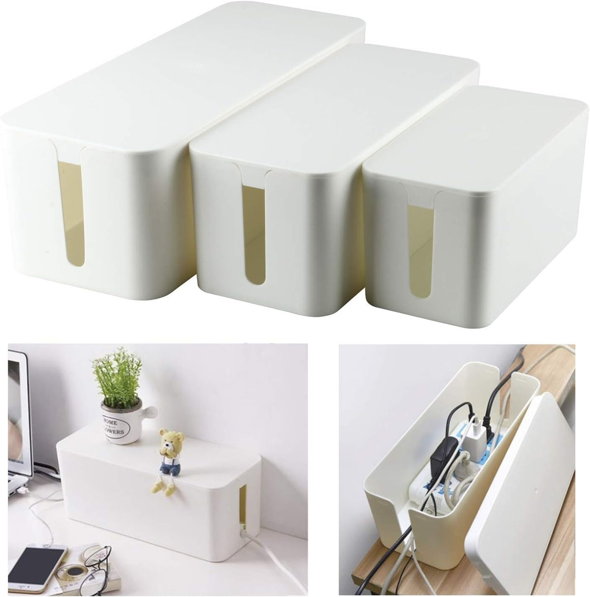 YaeCCC Cable Management Organizer Box Power Strips Hider Power Cords Hider for Desk, TV, Computer, USB Hub,Cords (Set of Three) White