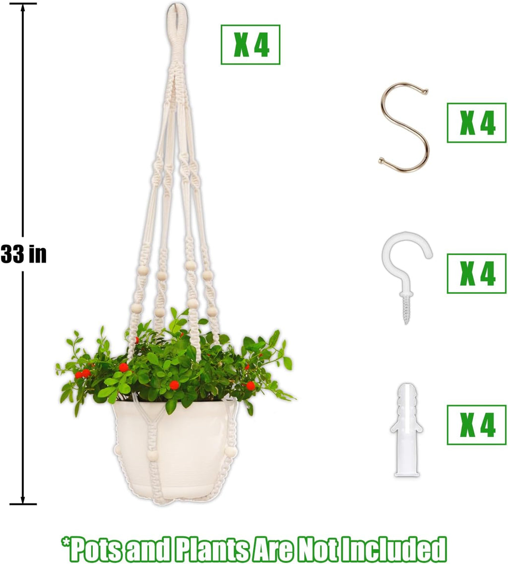 4 Pack Macrame Plant Hangers Indoor Set Large Crochet Hanging Holder, White