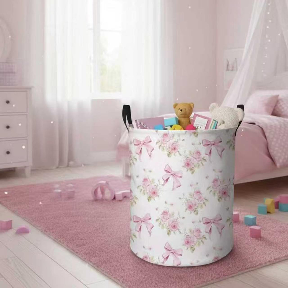 Baby Girl Laundry Basket Kids Nursery Gift Hamper Bow Room Deco (Pink Flower Bowknot)