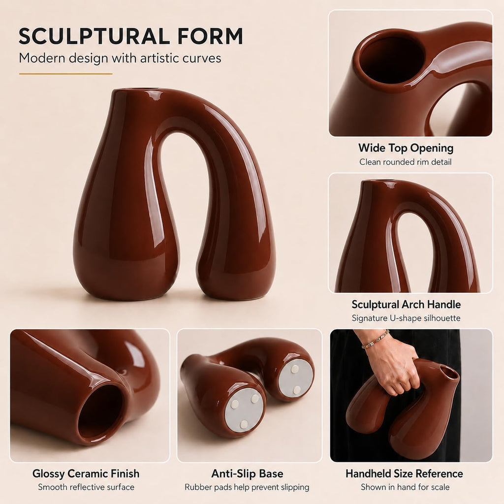 Brown Ceramic Vase for Pampas, Boho Shelf & Table Decor