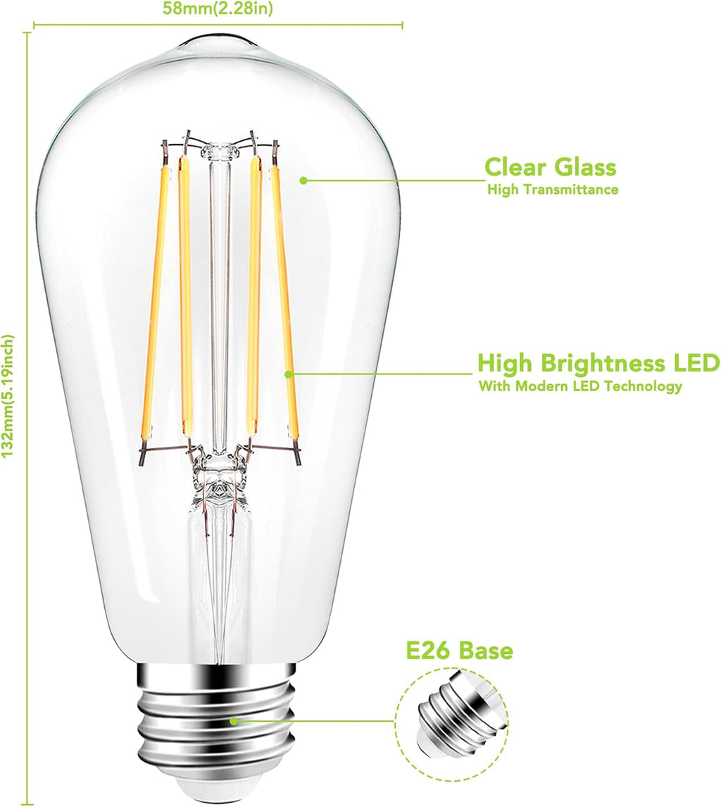 PARTPHONER LED Light Bulbs Dimmable Vintage Edison Bulb, E26 LED Bulb 60W Equivalent 720 Lumens, Neutral White 4000K, ST58 Antique LED Filament Bulb CRI 85+, Clear Glass, Pack of 12