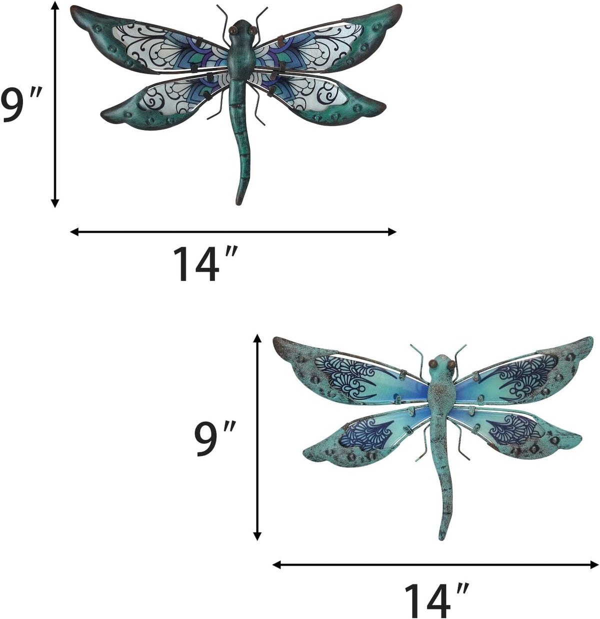 LIFFY Glass Metal Dragonfly Wall Decor Pair - Outdoor Wall Art for Garden and Home - Hanging Decor Gifts for Women, Light Blue