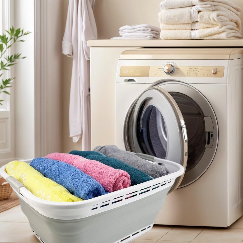 SAMMART 42L (11 gallons) Collapsible Plastic Laundry Hamper/Basket - Foldable Storage Container/Organizer - Portable Laundry Basket - Easy Storage Space Saving (White/Light Grey)
