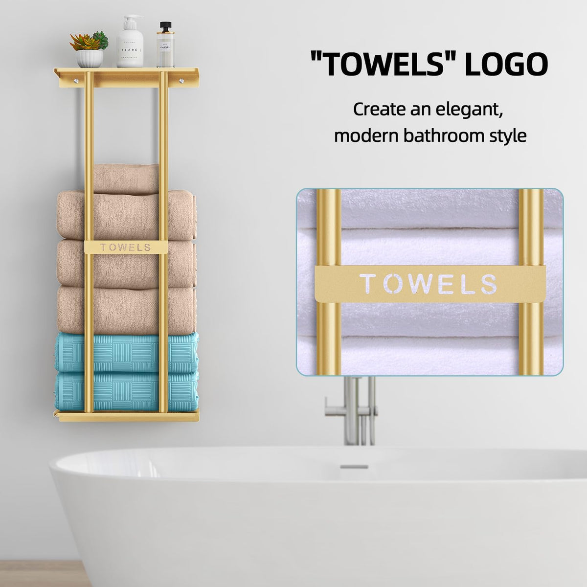 STWWO Bathroom Towel Storage Rack for Bathroom, 30 inch Towel Racks Wall Mounted with Shelf Can Holds 6 Large Towels, Wall Towel Rack for Rolled Towels, Gold