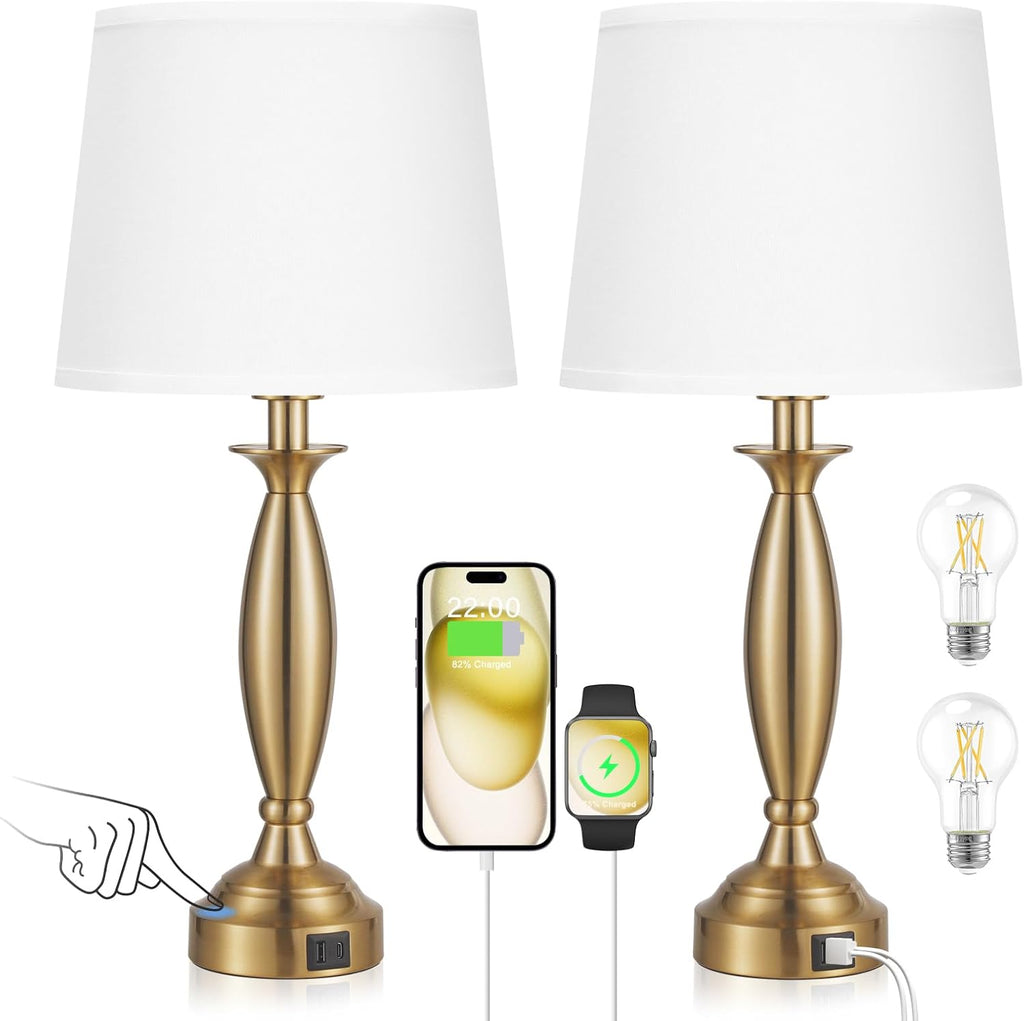 Bedroom Lamps for Nightstand, 3 Way Dimmable Gold Bedside Lamps with USB