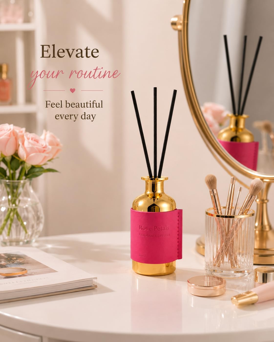 Reed Diffuser Set, Pretty Valley Home Diffuser 80Ml / 2.7 fl OZ Gift Box - Includes Reed Diffuser Sticks, Long Lasting Fragrance Oil and Glass Bottle for Office Living Room Decor (Rose Petals)
