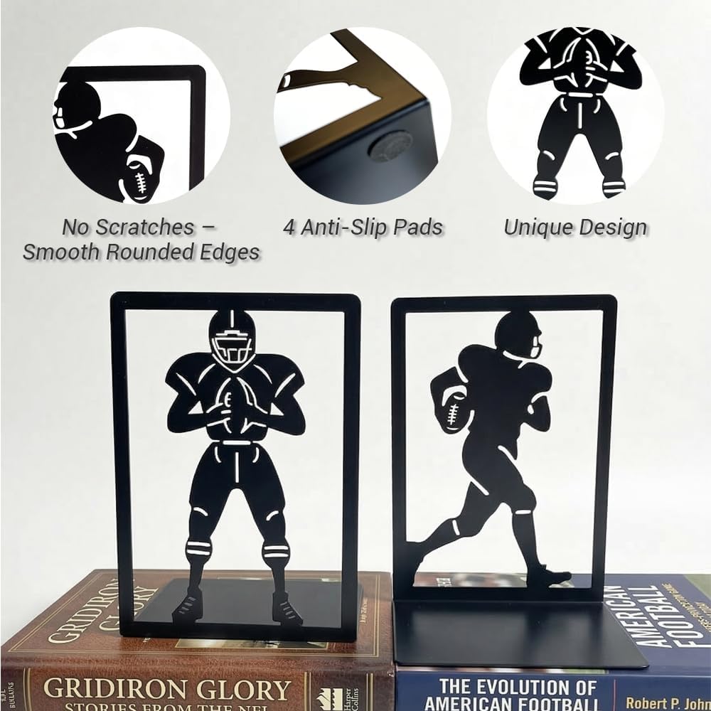 Metal Decorative Bookends Set, Spider Web & Football Player Silhouette, Sturdy Non-Slip Book Holders for Shelves, Black (Sports Football - 2 Pairs (4 Pcs))
