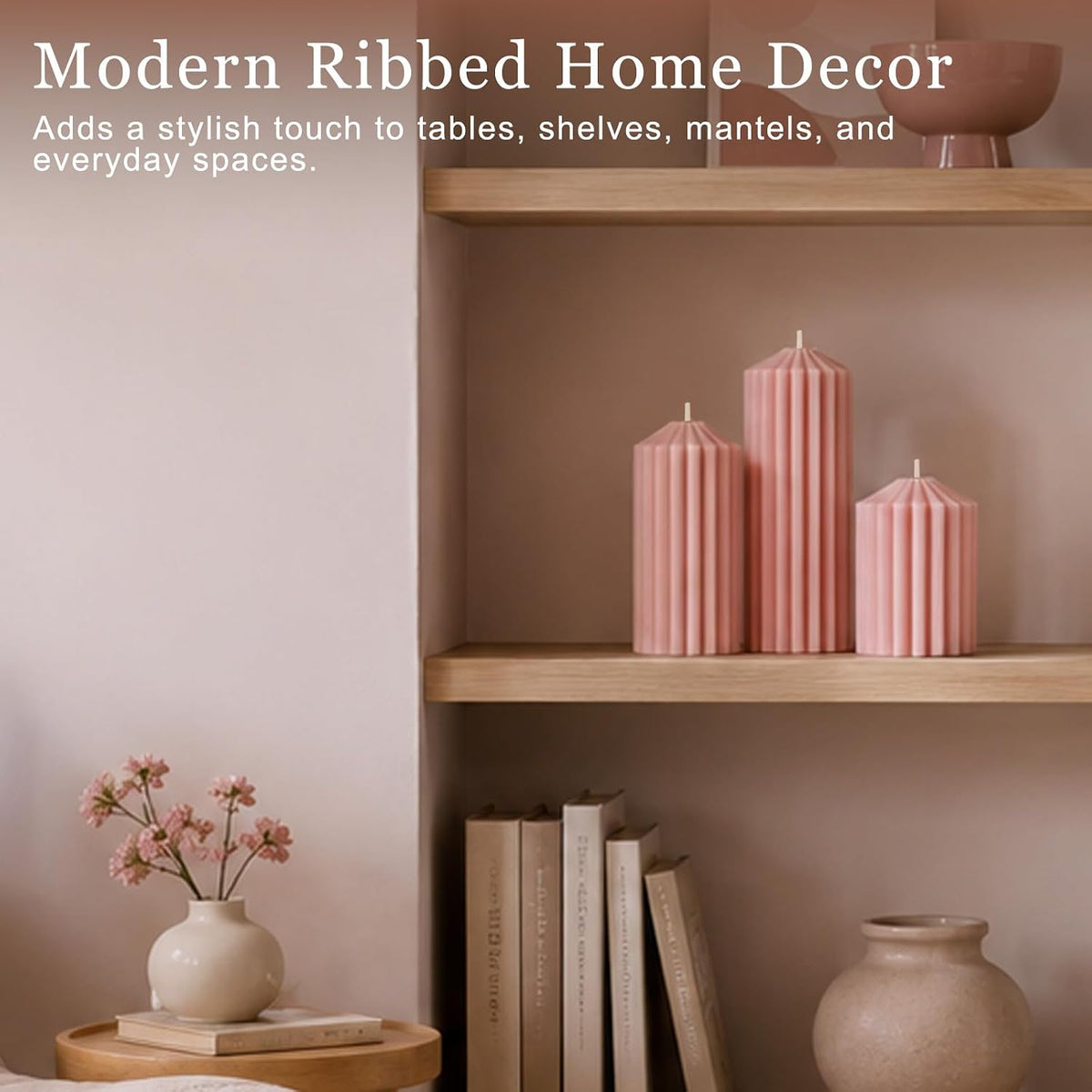 Ribbed Decorative Scented Pillar Candles, 3 Pack,2.8 x 4/6/8 Inch, Pink
