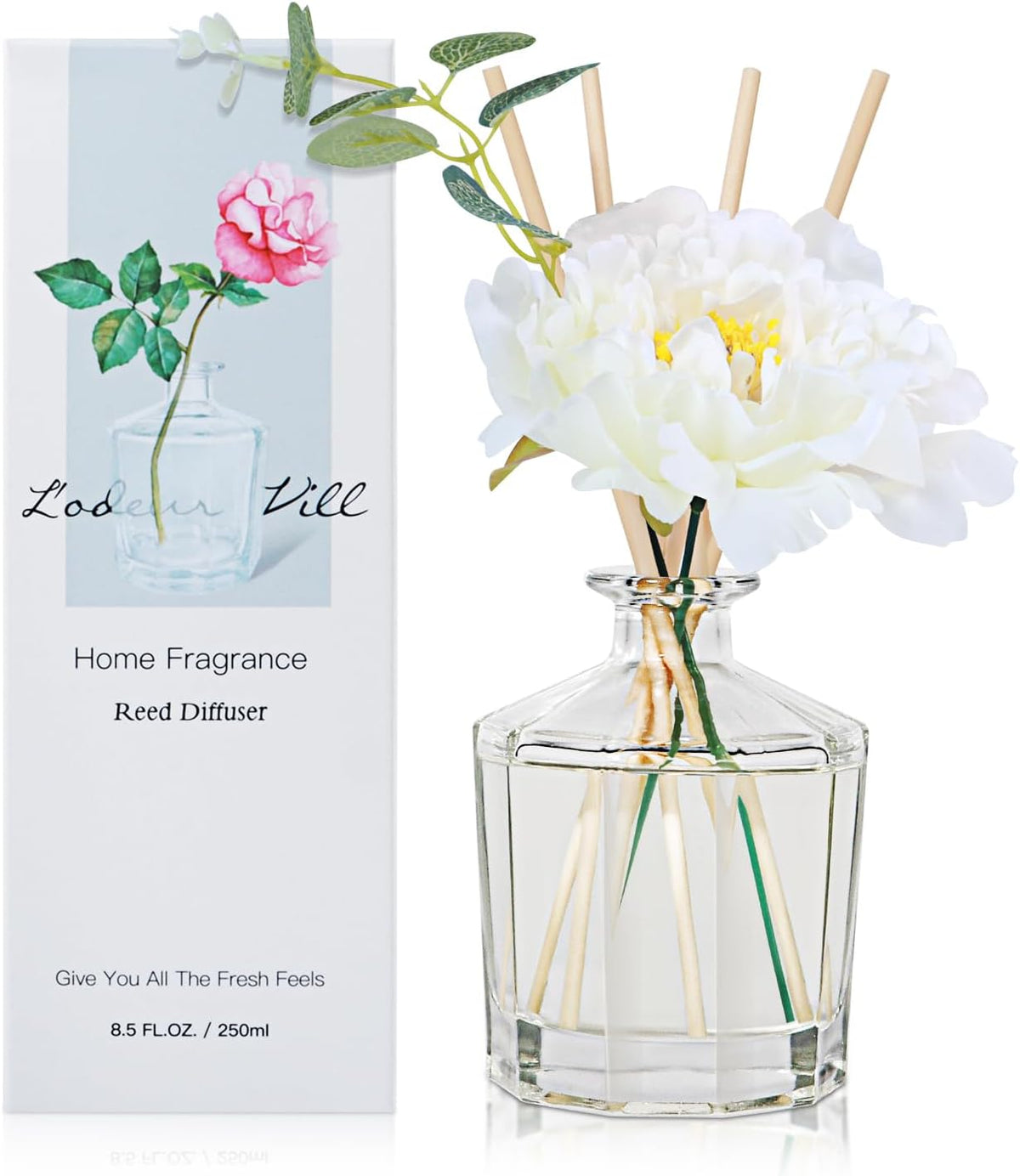 L'odeur Vill Reed Diffuser, 8.5 Oz(250ml) Juicy Lemon Bathroom Diffuser with 10 Sticks, Scented Diffuser Home Fragrance Essential Oil Reed Diffuser Set for Home Large Rooms Bathroom Shelf Decor