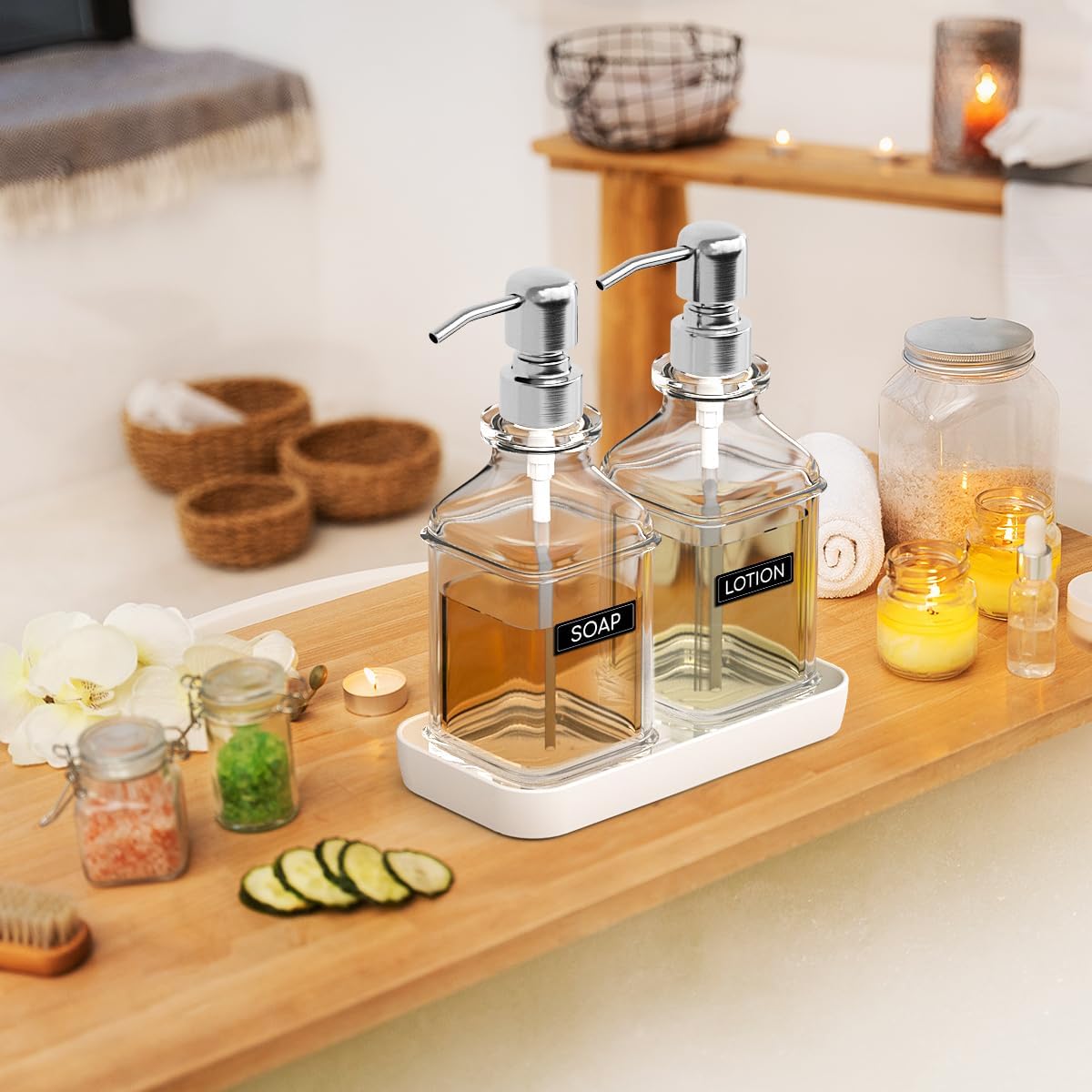 LMQML Soap Dispenser - 2 Pack, Antique Design Thick Glass Hand Soap Dispensers with Sturdy Tray; 304 Rust Proof Stainless Steel Silver Pump, 12Pcs Stickers, for Kitchen, Bathroom