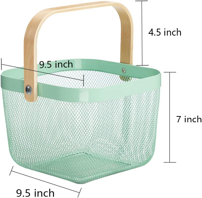 Mesh Steel Storage Organizer Basket Fruit Basket Bin with Wood Handle Ideal for Kitchen Bathroom Picnic Baskets Pantry Cabinets Storage Home Decor (Nebula Green)