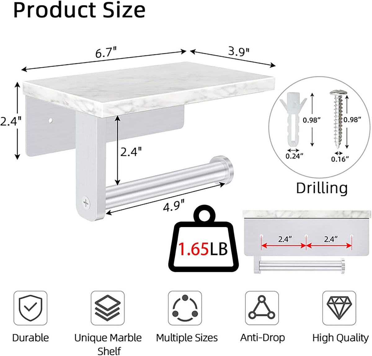 Gypie Toilet Paper Holder with Marble Shelf, Wall Mounted Brushed Nickel