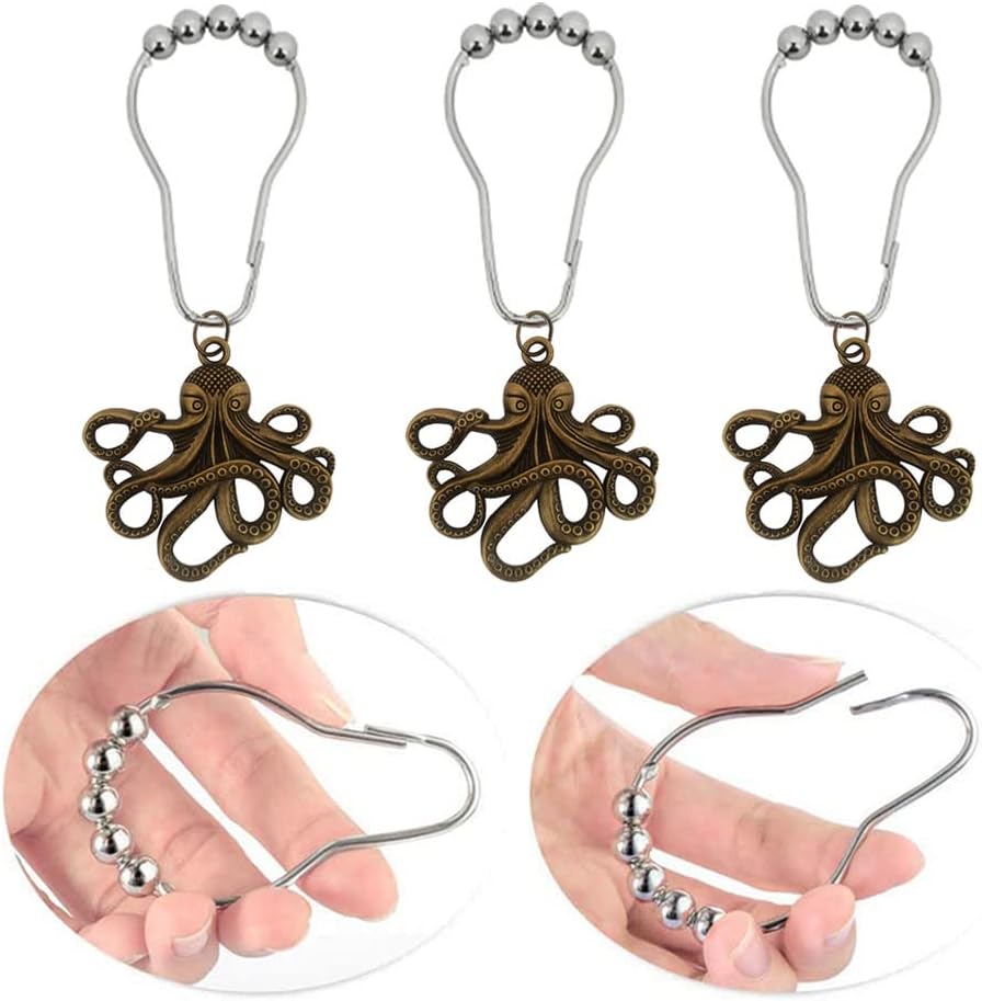 12Pcs Decorative Octopus Shower Curtain Hooks for Bathroom Rod, Bronze