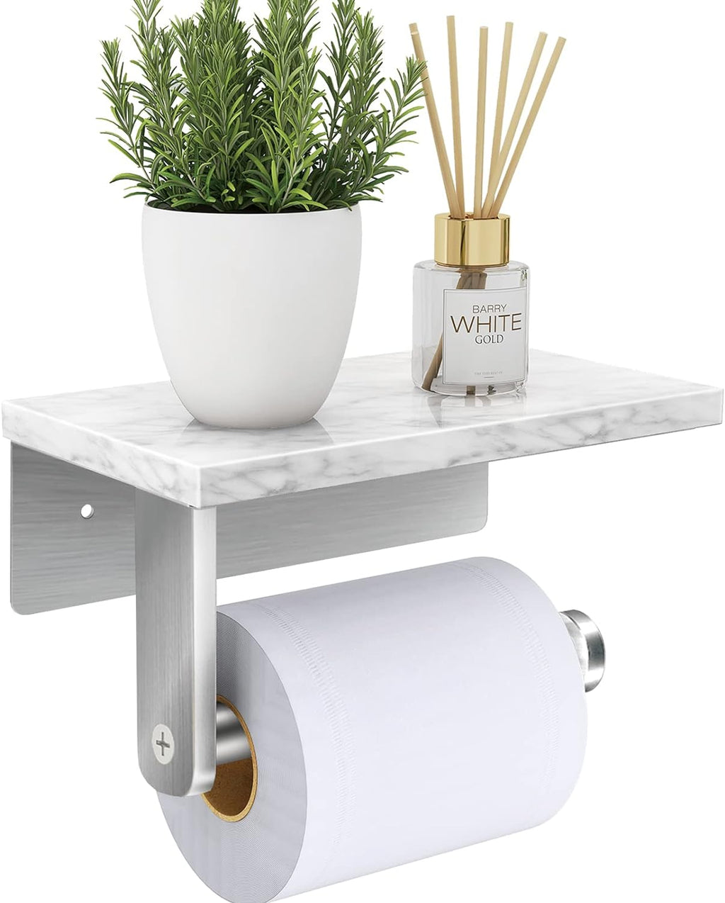Gypie Toilet Paper Holder with Marble Shelf, Wall Mounted Brushed Nickel